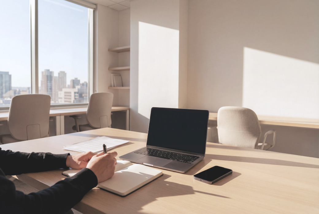 Person taking time to pause and think away from their computer, in a light-filled office